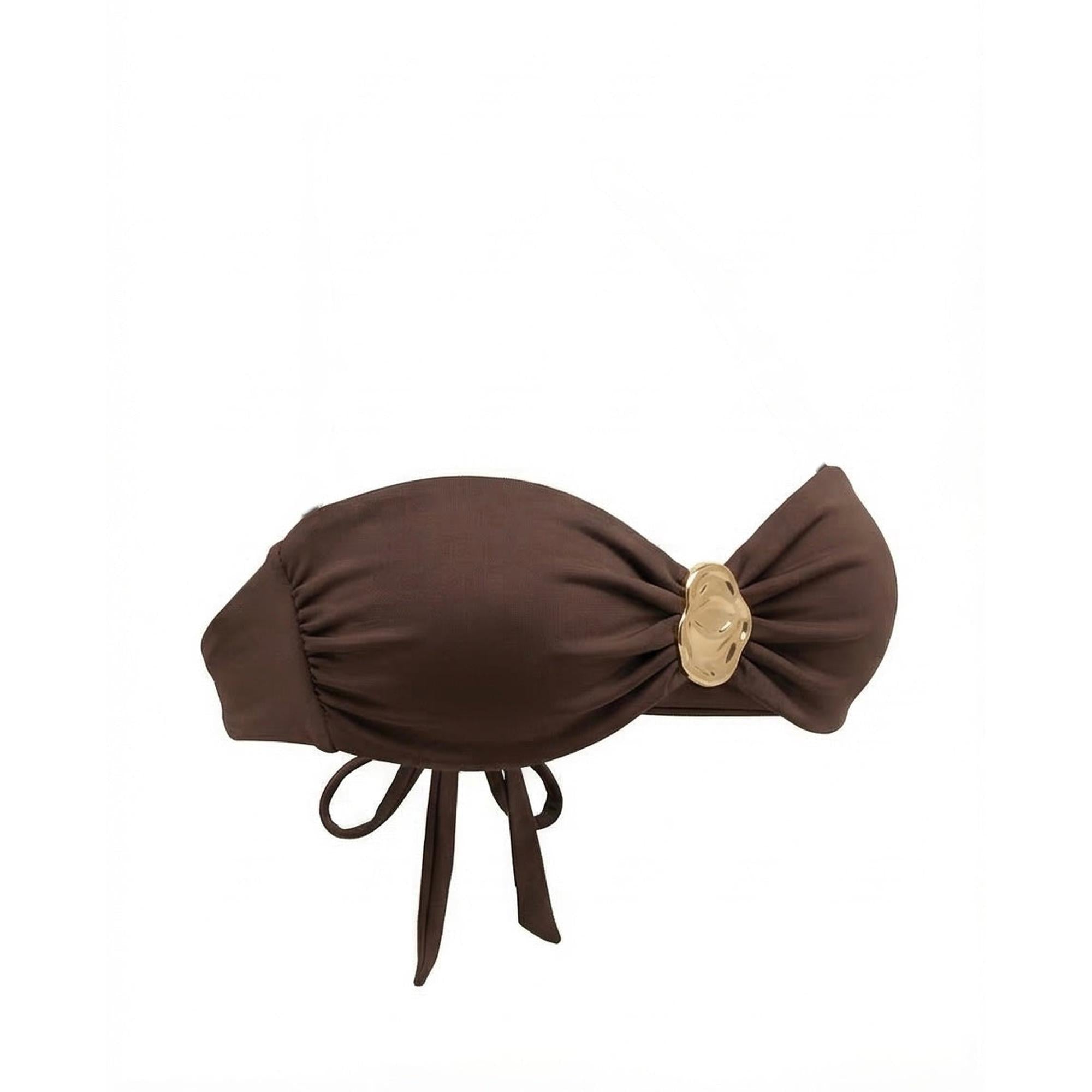 Vestido de fiesta palabra de honor Princessrio Valencia, modelo Deluxe marrón, con detalles elegantes y diseño ajustado.